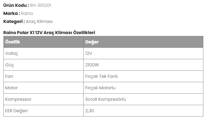 RAINO POLAR X1 TAVAN KLİMASİ 12 VOLT