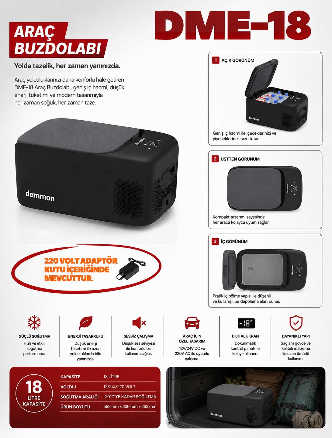 TRAKMOBİL DEMMON ARAÇ İÇİ BUZDOLABI 18 LT 220 ADAPTÖRLÜ