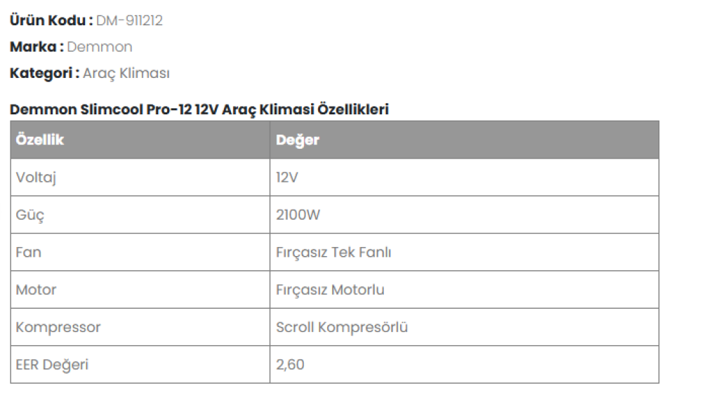 DEMMON EXCLUSIVE SLIMCOOL PRO-12 12V PARK KLİMASİ