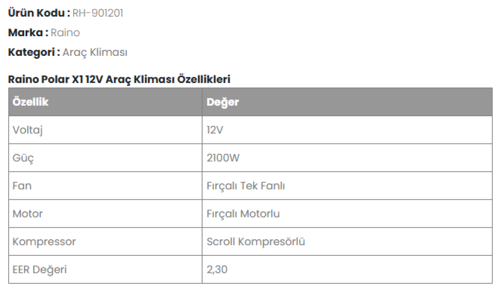 RAINO POLAR X1 TAVAN KLİMASİ 12 VOLT